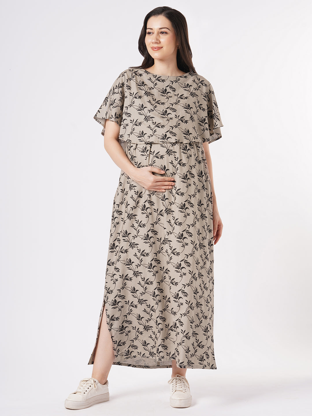 Taupe Leafy Printed Comfy Maternity Dress
