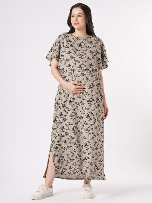 Taupe Leafy Printed Comfy Maternity Dress
