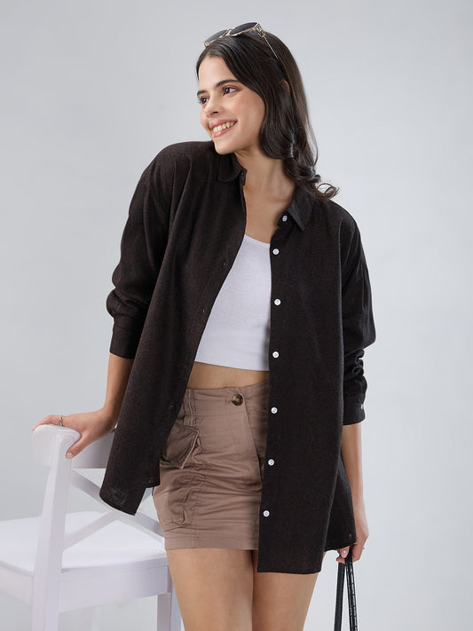Bistre Brown Artistic Printed Oversized Shirt