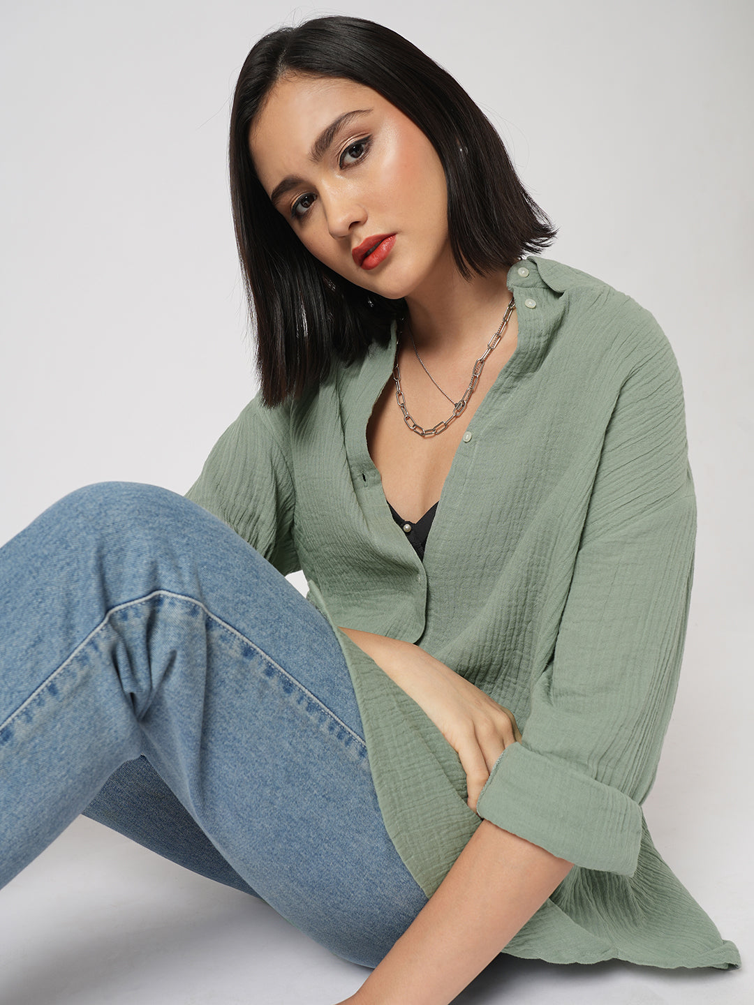 Seafoam Green Solid Doublecloth Oversized Shirt