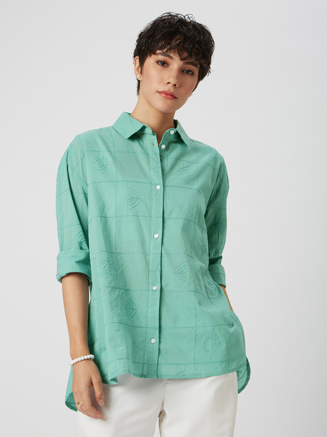 Turquoise Embroidered Oversized Shirt