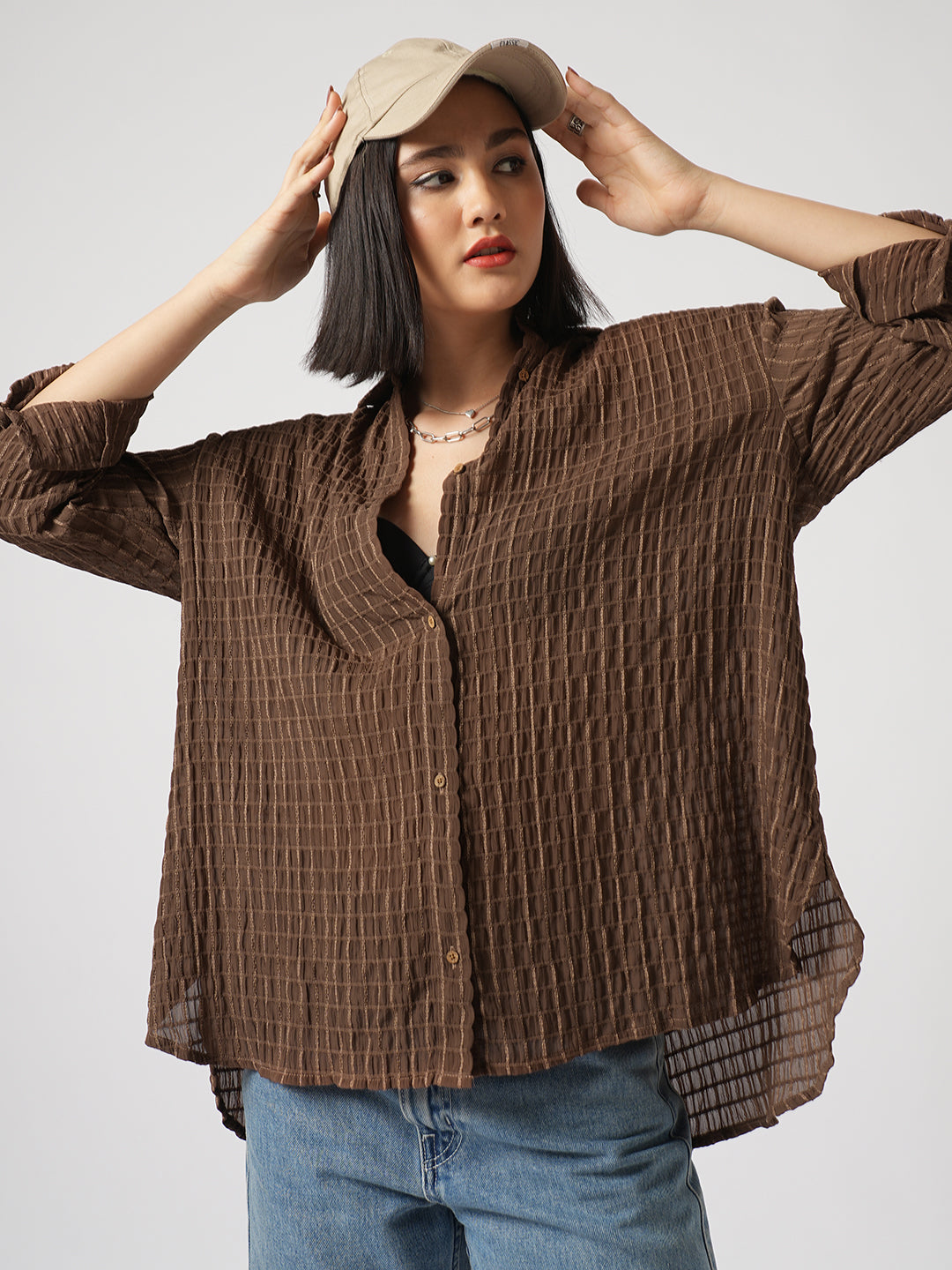 Chamoisee Brown Matrix Checks Oversized Shirt