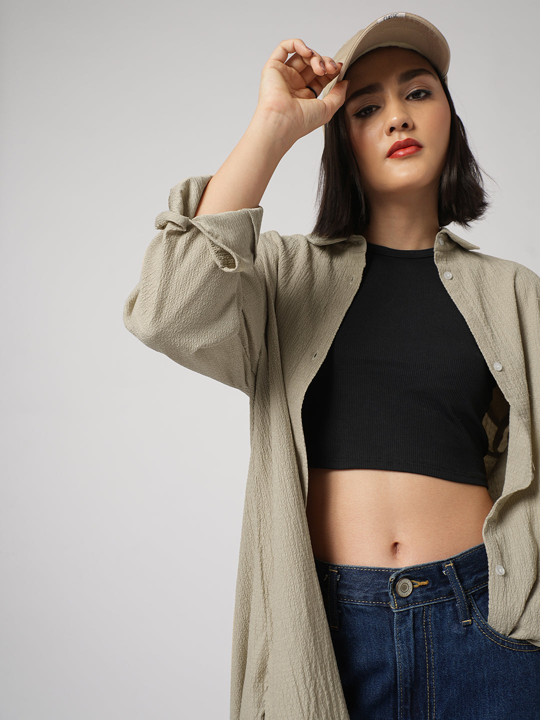 Beige Textured Oversized Shirt