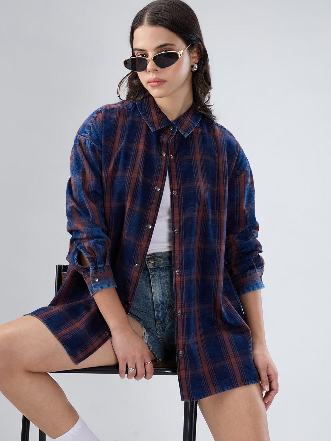 Navy & Brown Checkered Corduroy Oversized Shirt