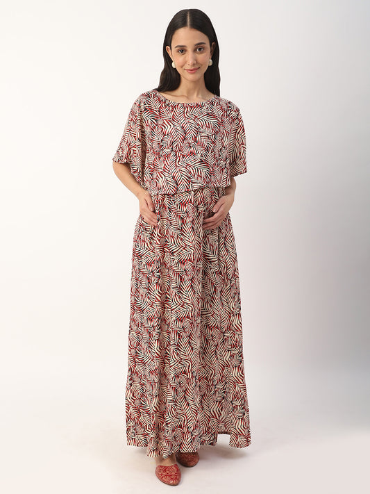 Multicolor Exotic Dense Leaf Printed Maternity Dress