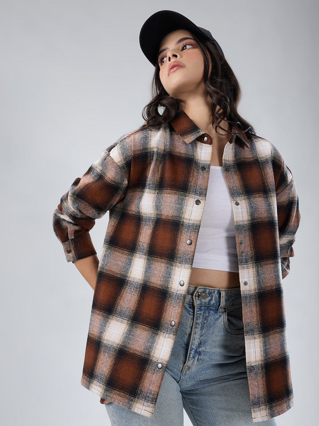 Brown & Beige Checkered Oversized Flannel Shirt