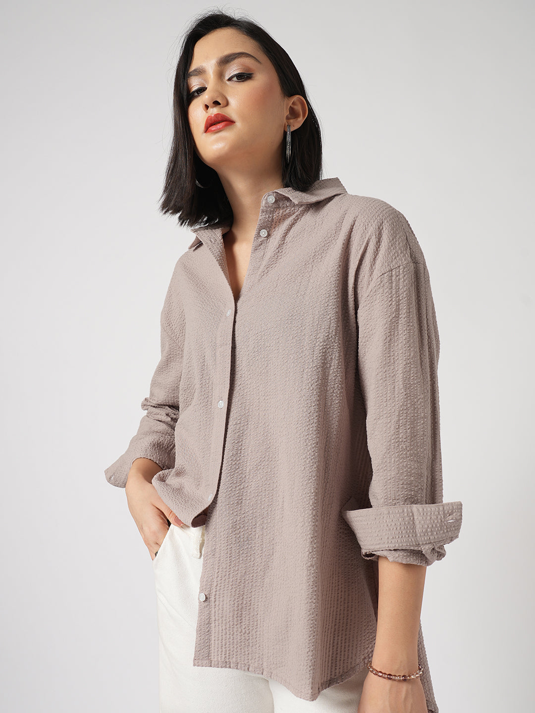 Light Taupe Brown Seersucker Oversized Shirt