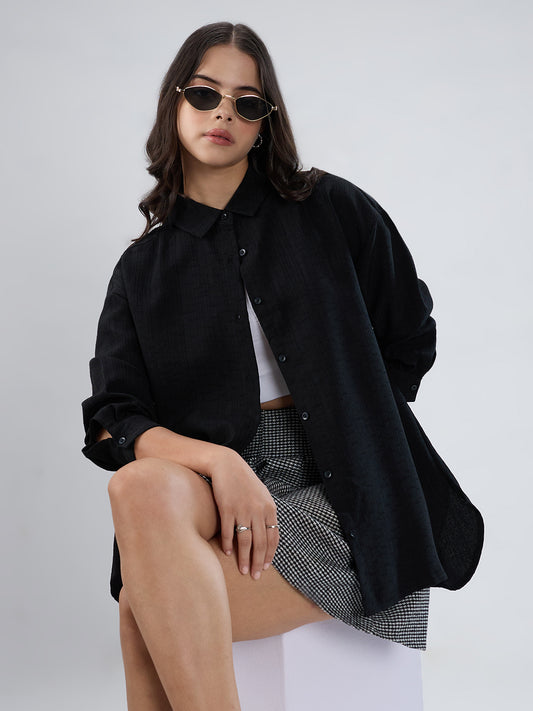 Black Slub Textured Oversized Shirt