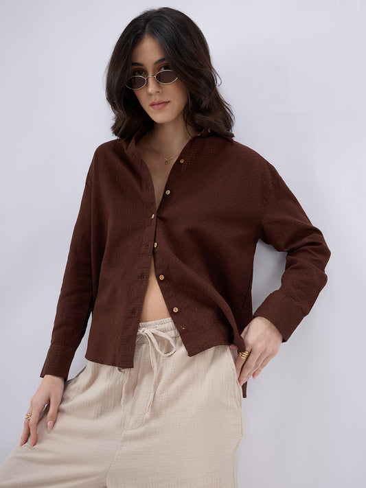 Chocolate Brown Jacquard Weave Oversized Shirt