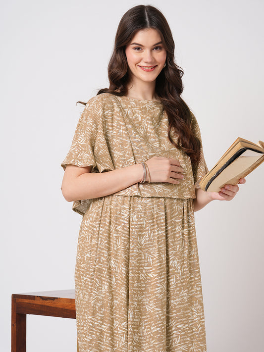 Tawny Brown Leafy Printed Maternity Dress