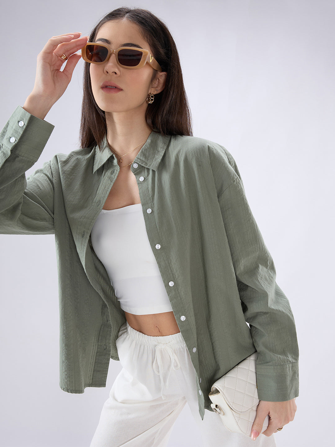 Olive Seersucker Textured Oversized Shirt