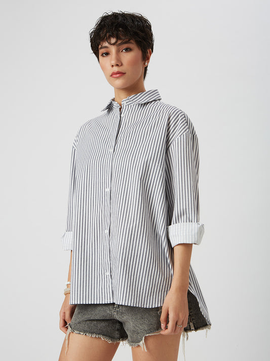 White & Navy Striped Oversized Shirt