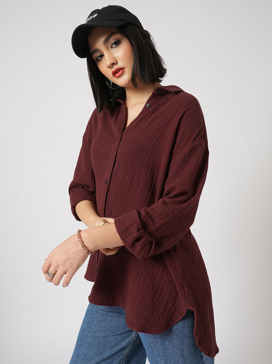 Solid Wine Double Cloth Oversized Shirt
