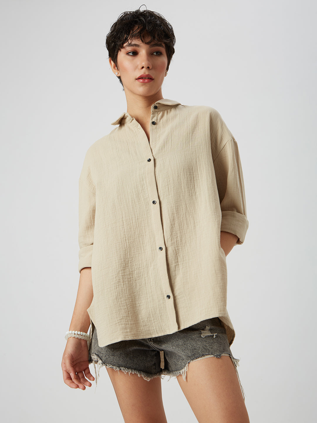 Tan Beige Double Cloth Oversized Shirt