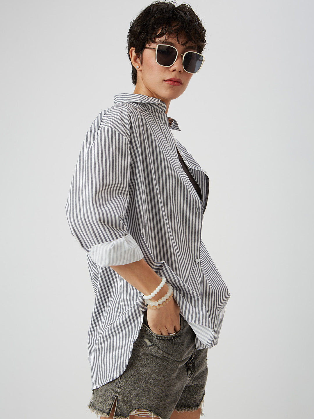 White & Navy Striped Oversized Shirt
