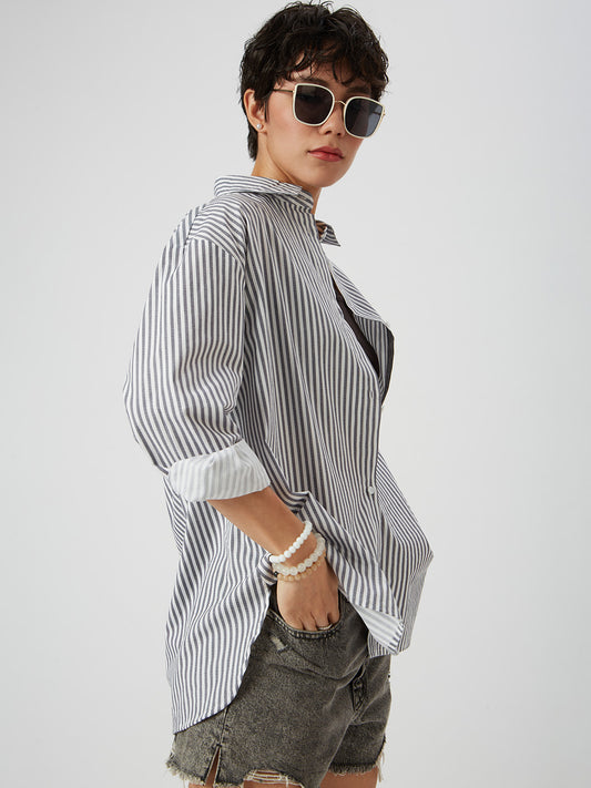 White & Navy Striped Oversized Shirt