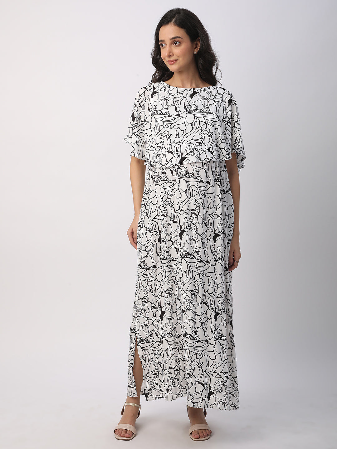 Black & White Tropical Printed Maternity Dress
