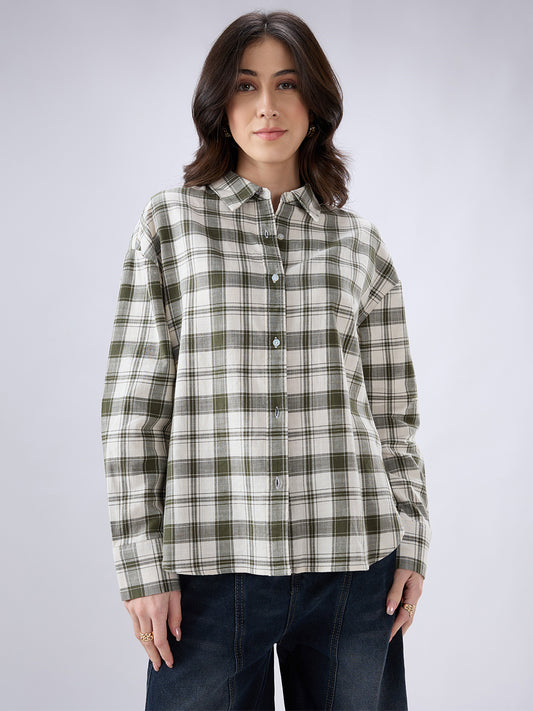 Olive & White Tartan Checkered Oversized Shirt