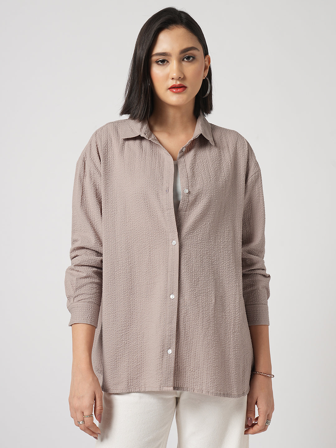 Light Taupe Brown Seersucker Oversized Shirt