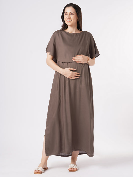 Sepia Brown Solid Comfy Maternity Dress