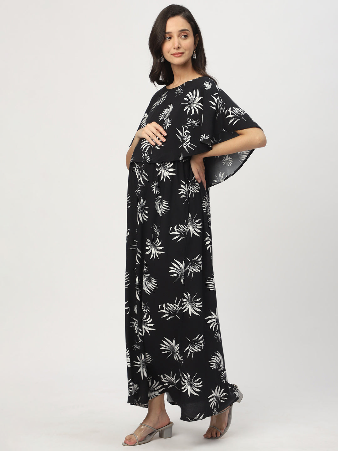 Black Leafy Printed Comfy Maternity Dress