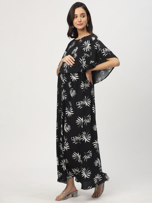 Black Leafy Printed Comfy Maternity Dress