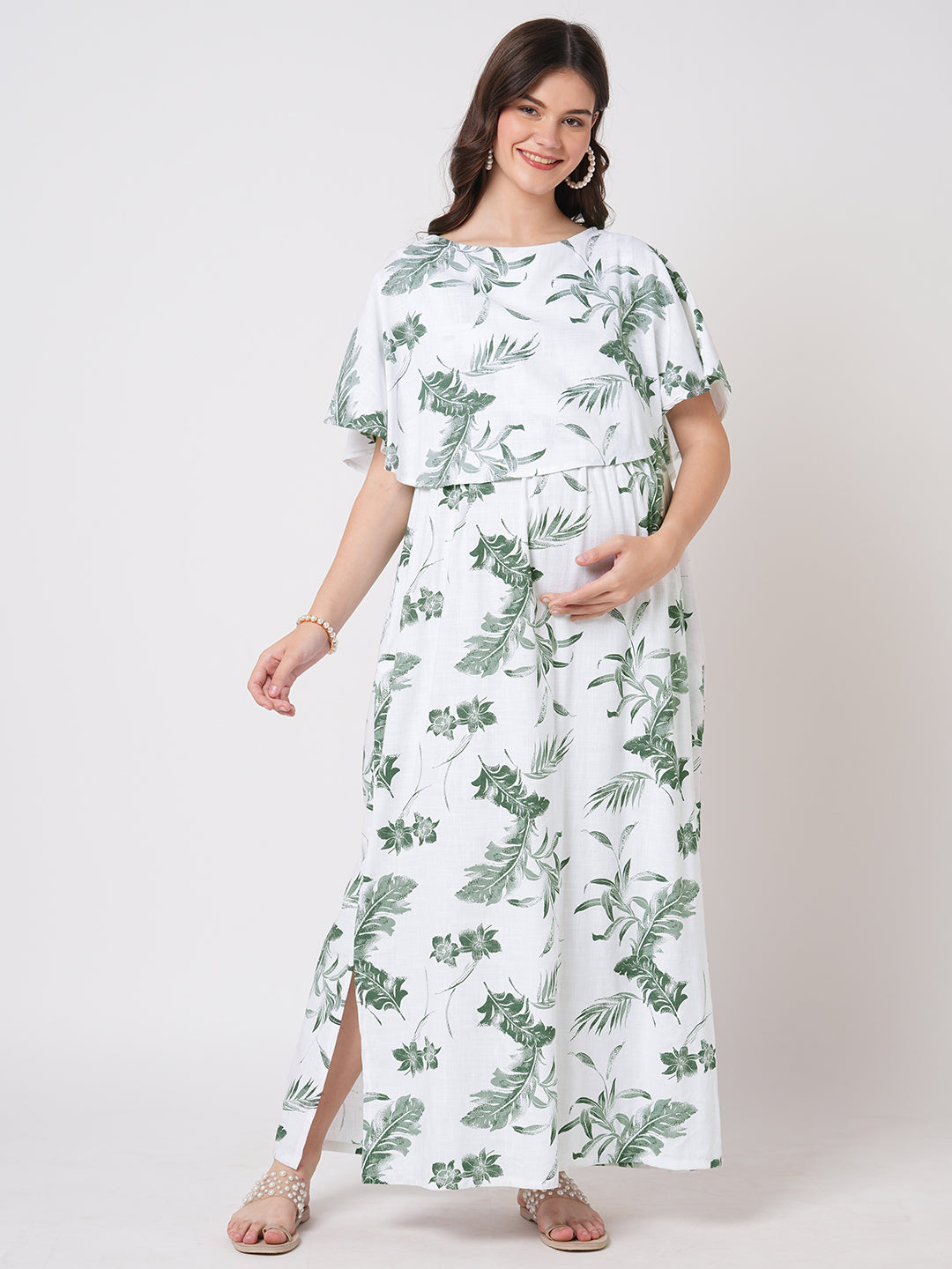 White & Olive Tropical Printed Maternity Dress