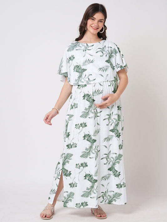 White & Olive Tropical Printed Maternity Dress