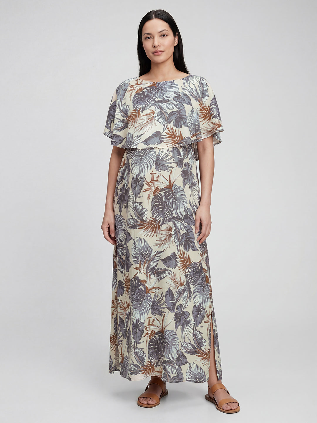 Beige Palm Leaf Tropical Printed Maternity Dress