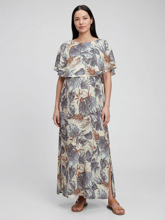 Beige Palm Leaf Tropical Printed Maternity Dress
