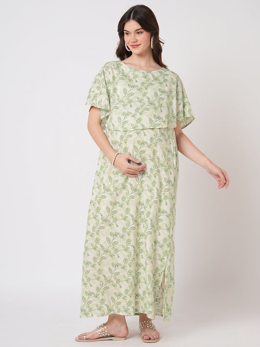 White & Green Leafy Printed Maternity Dress
