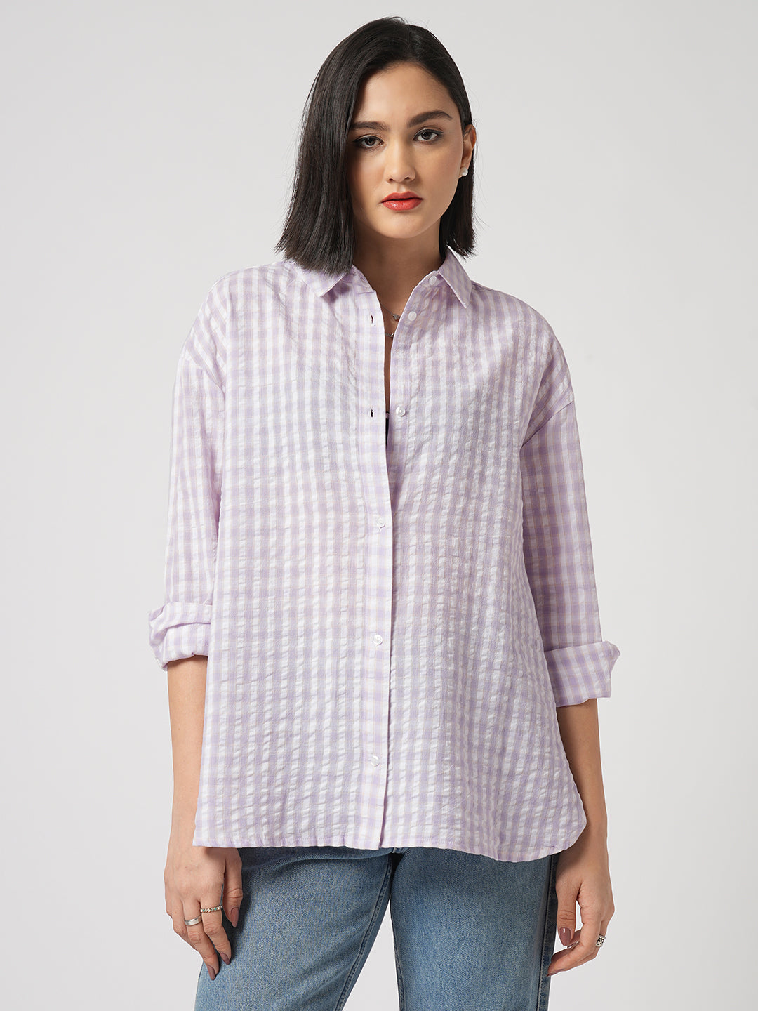 White & Lavendar Gingham Checks Oversized Shirt