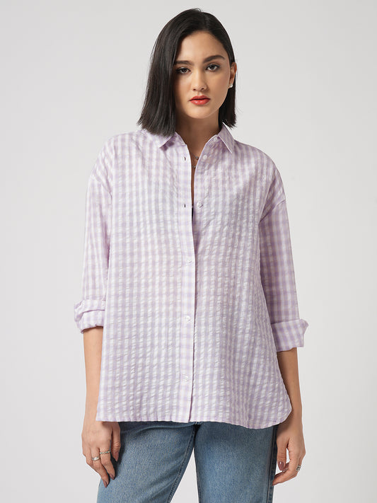 White & Lavendar Gingham Checks Oversized Shirt