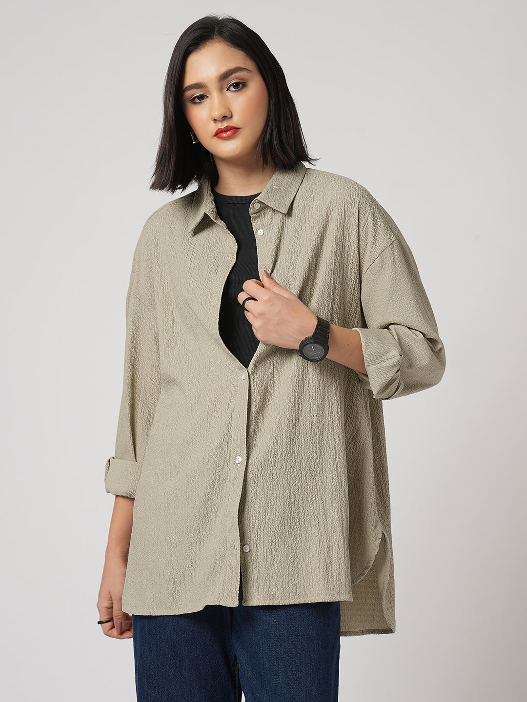 Beige Textured Oversized Shirt
