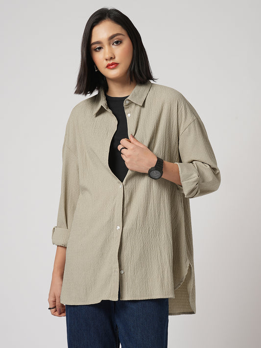 Beige Textured Oversized Shirt