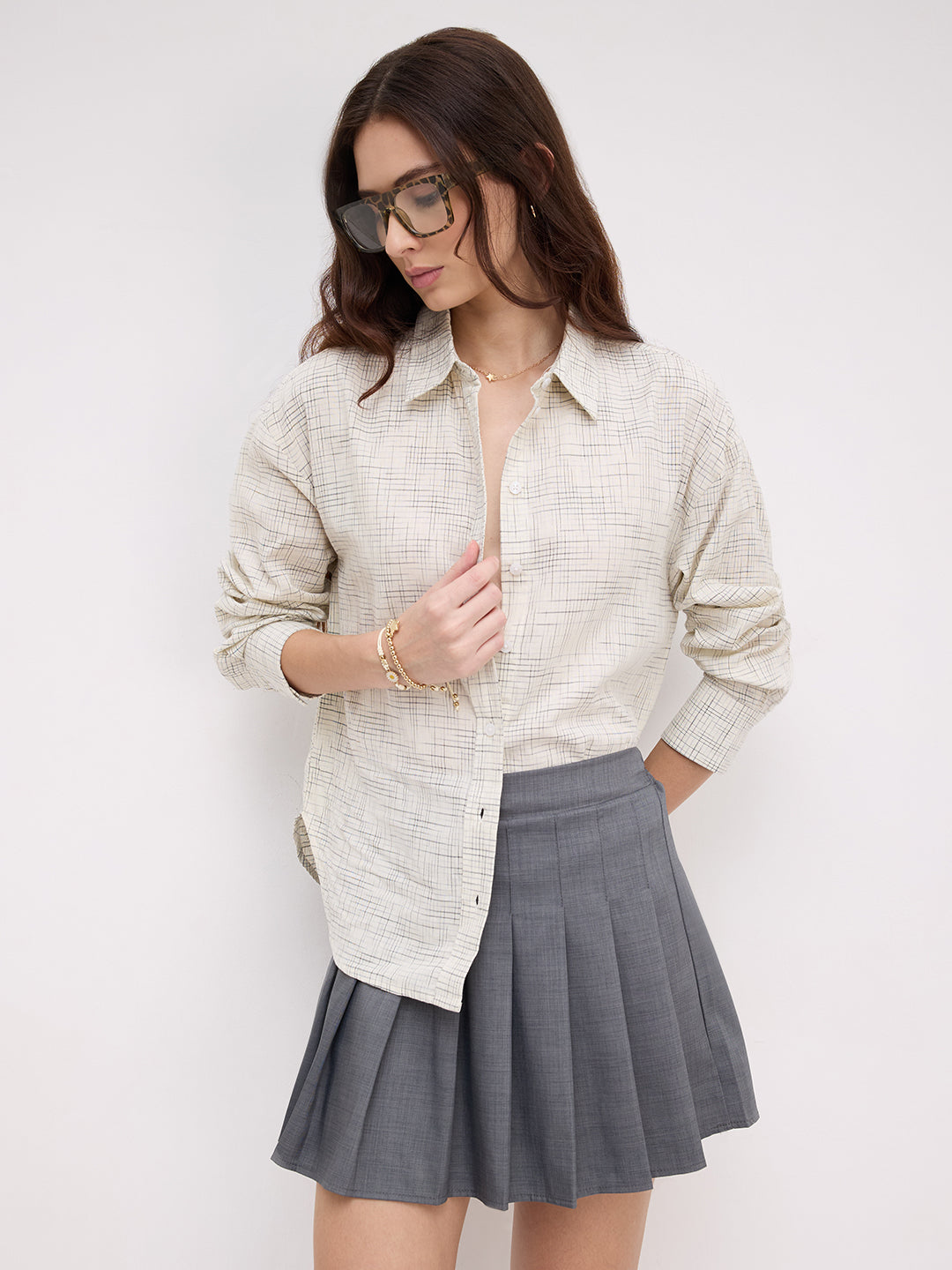 Multicolor Grid Line Printed Oversized Shirt