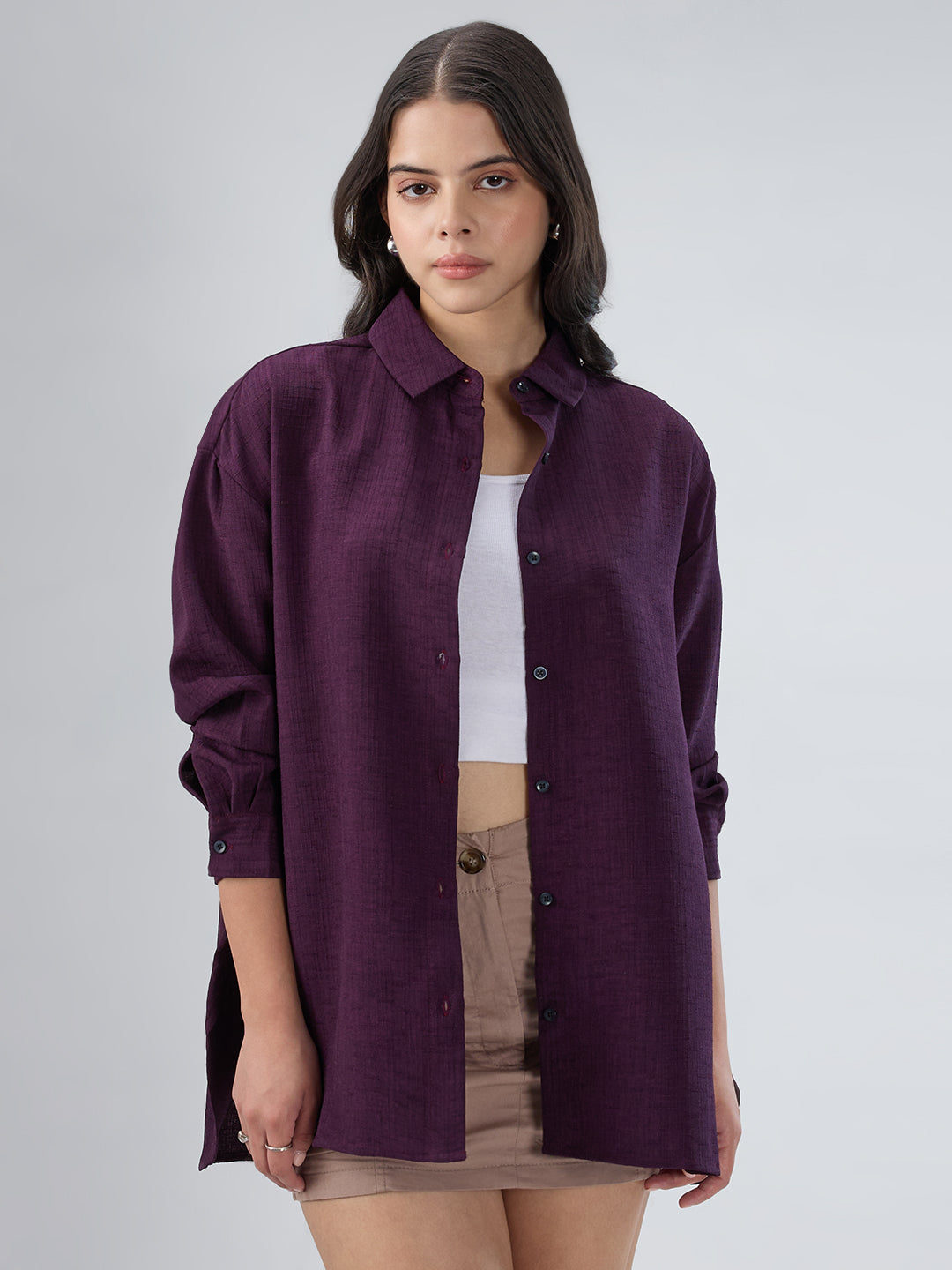 Wine Slub Textured Oversized Shirt