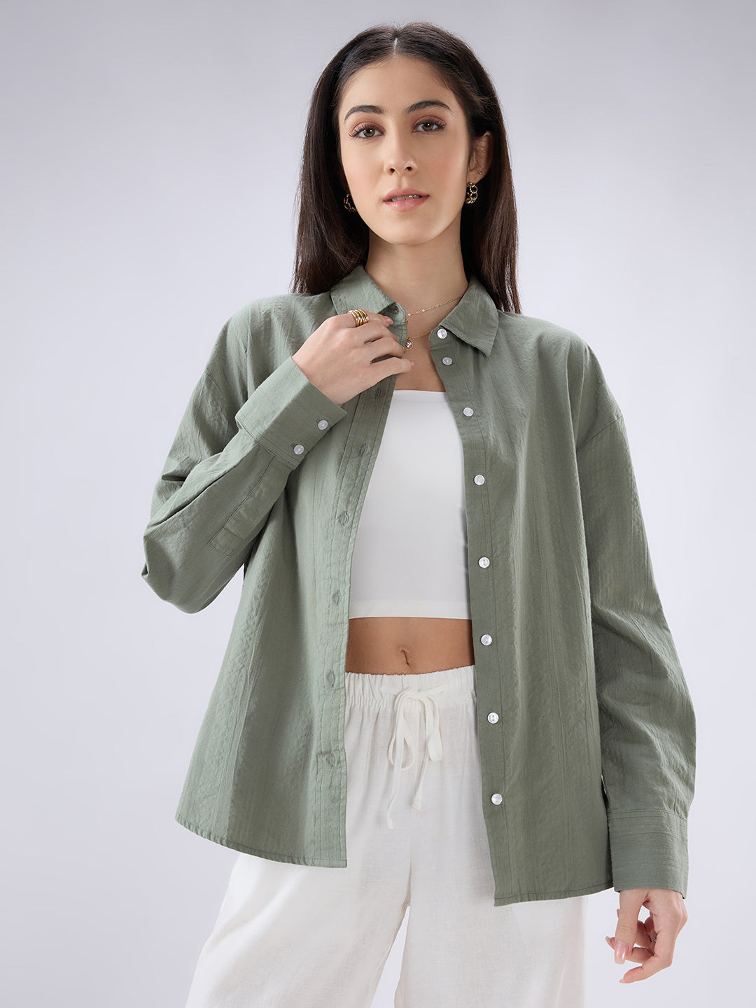 Olive Seersucker Textured Oversized Shirt