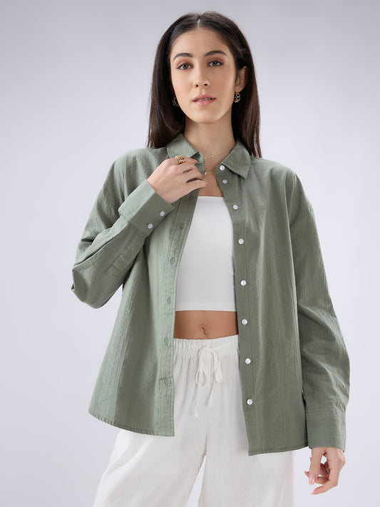 Olive Seersucker Textured Oversized Shirt