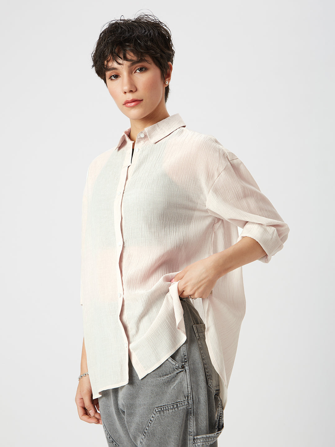 Glittery Beige Crinkled Oversized Shirt