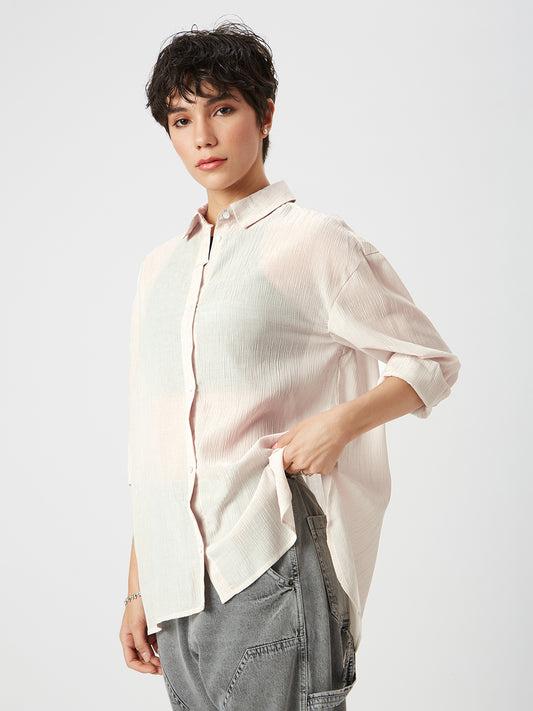 Glittery Beige Crinkled Oversized Shirt