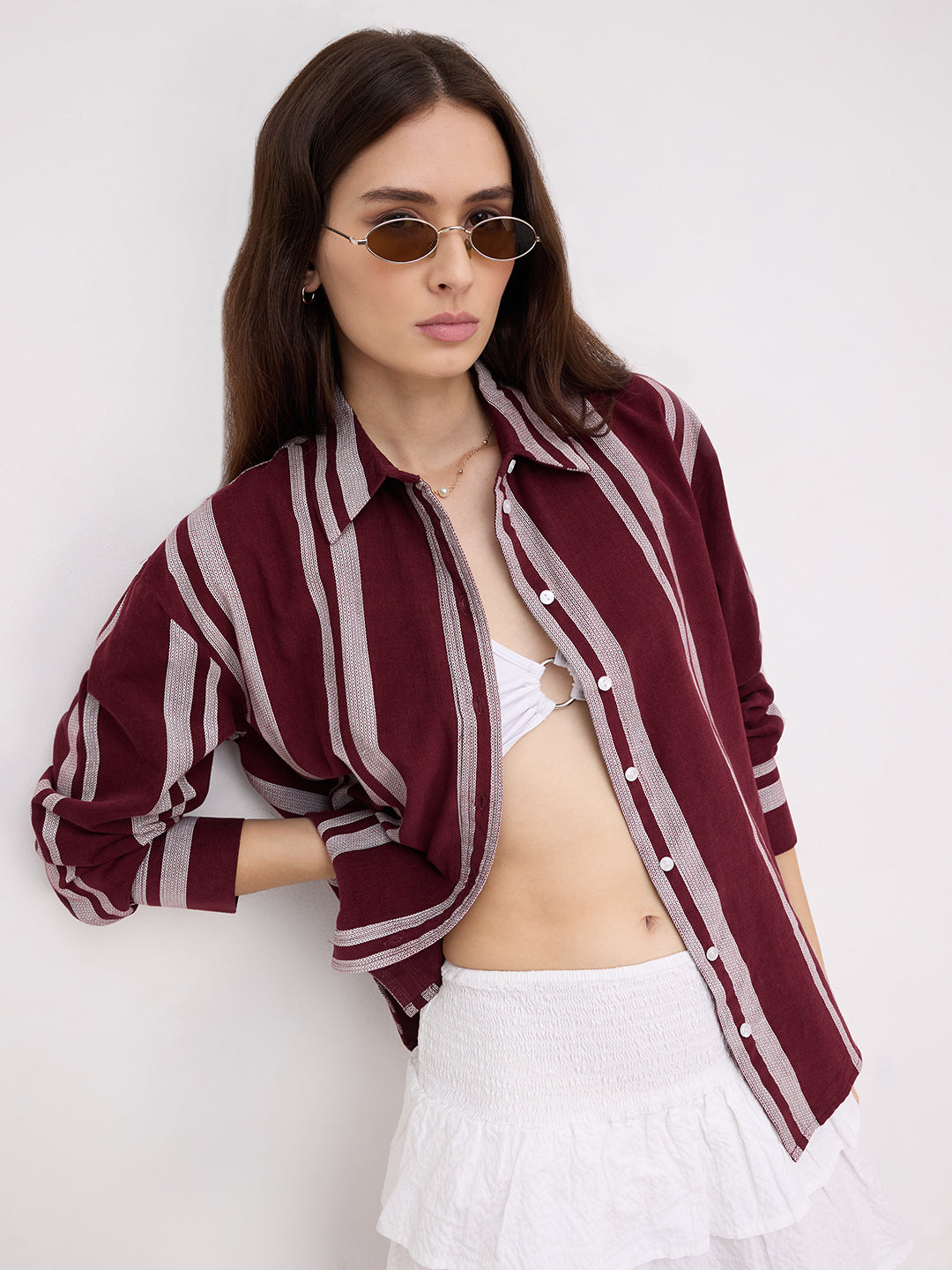 Crimpson Maroon Corduroy Striped Oversized Shirt