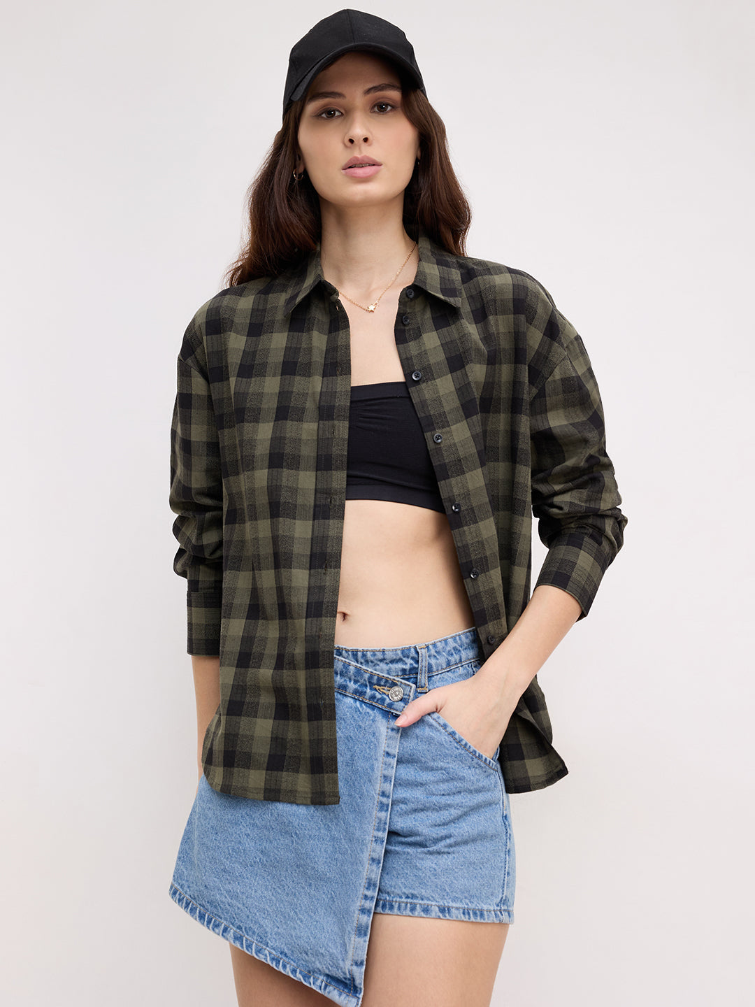 Olive & Black Tartan Checked Textured Oversized Shirt