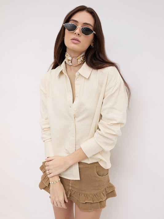 Pastel Beige Herringbone Textured Oversized Shirt