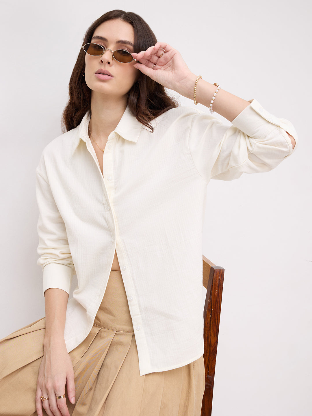 Pearl White Herringbone Textured Oversized Shirt