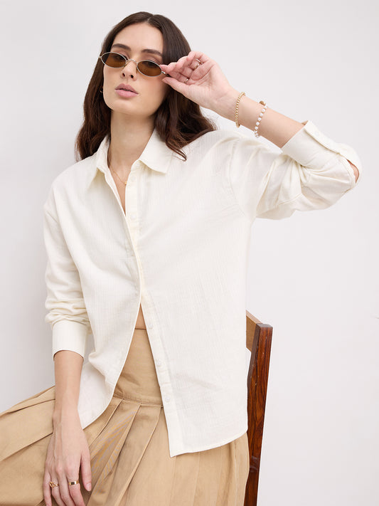 Pearl White Herringbone Textured Oversized Shirt