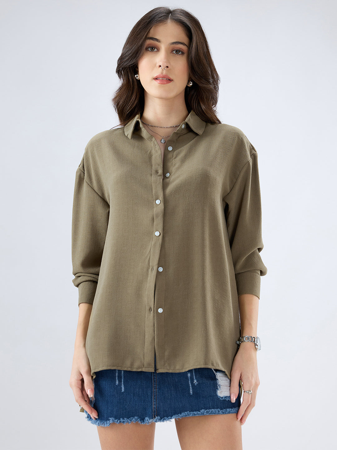 Olive Textured Oversized Shirt