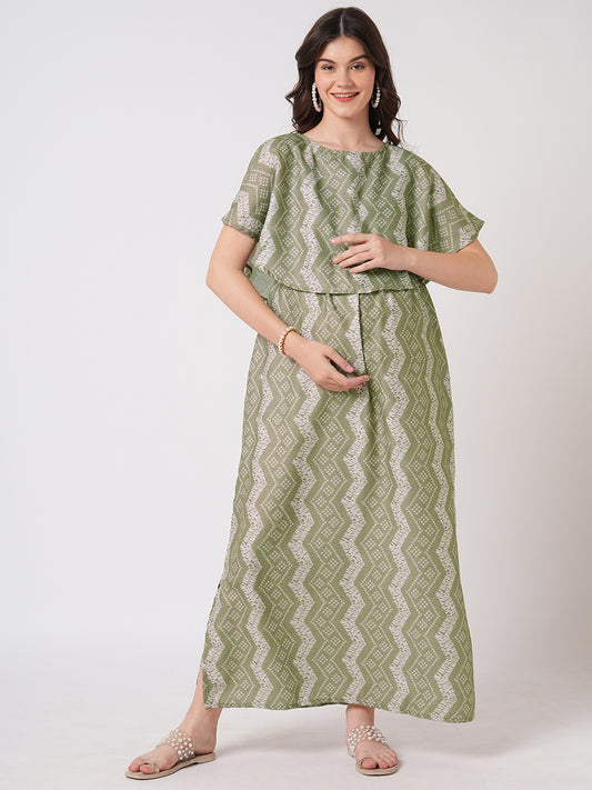 Basil Green Ikat Printed Maternity Dress