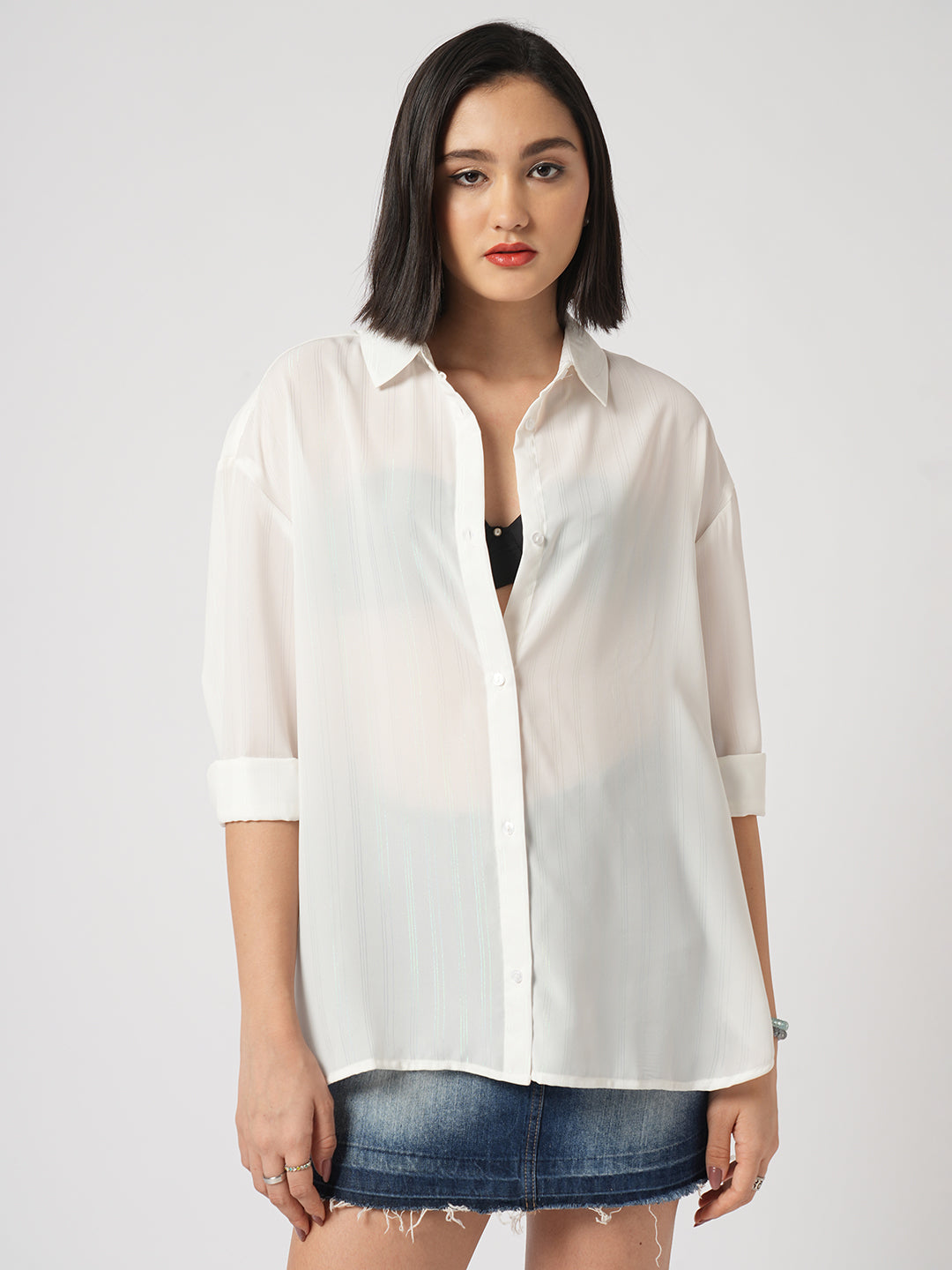 White Glimmer Striped Oversized Shirt