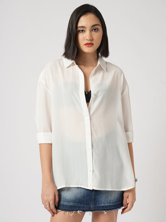 White Glimmer Striped Oversized Shirt